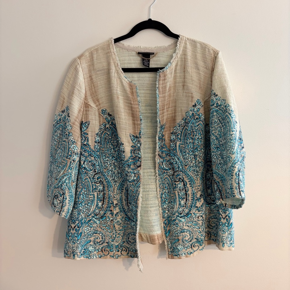 PRICE DROP Catherines Tan & Blue Open Front Jacket 3/4 Sleeve Cotton Blend